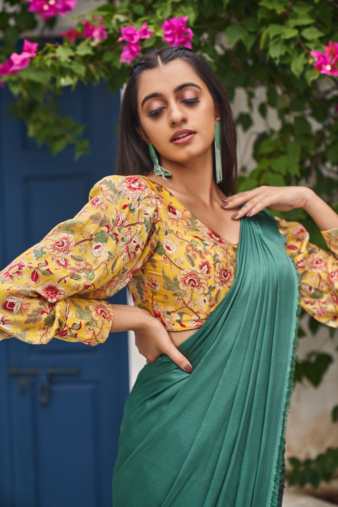 Yellow Floral Printed Satin Silk Blouse – Mahitha Prasad